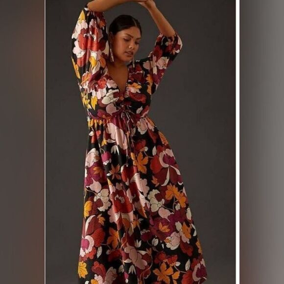 Anthropologie Maeve Deep-V Ruched Midi Dress Size 12 - Picture 3 of 14